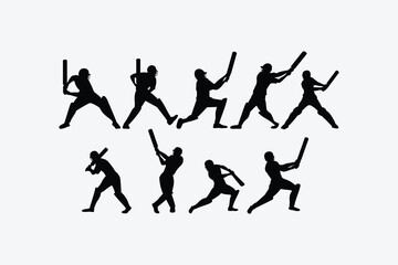 Collection of male cricket player silhouettes. It's great for logos, t-shirts, stickers, etc.