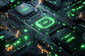 Obraz premium Closeup of a futuristic circuit board with glowing green lights and a central hexagonal component.