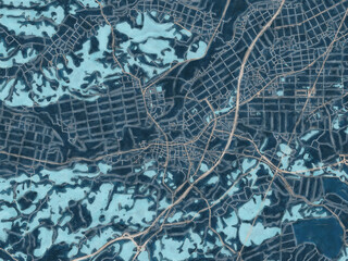 Painterly Style City Map of Kurihara, Japan in a Blue Color Scheme.