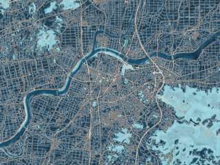 Painterly Style City Map of Kurume, Japan in a Blue Color Scheme.