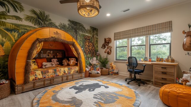 A child's bedroom with a jungle-themed bed, rug, and wall mural, a desk with a chair, and a beanbag chair.