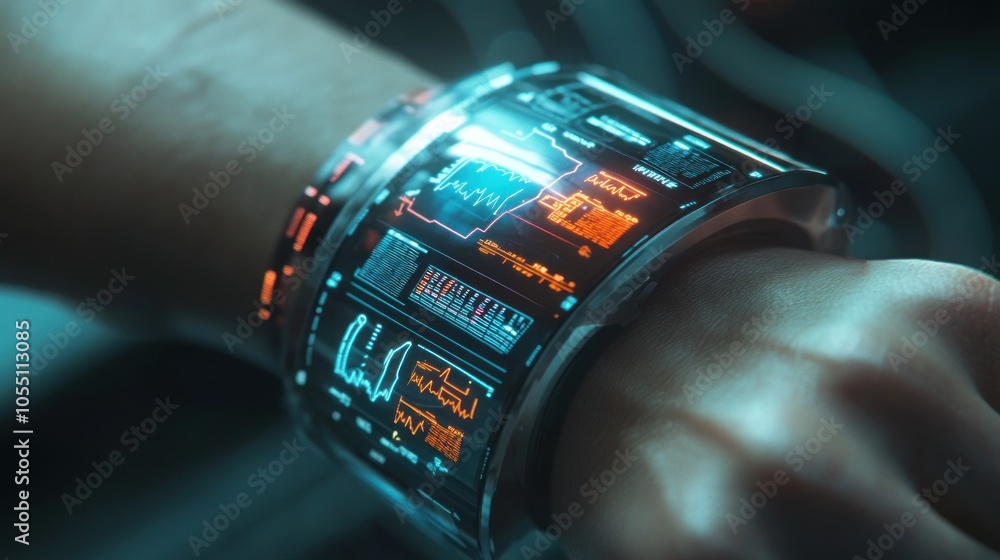 Poster a futuristic wrist device displaying digital information and graphics.