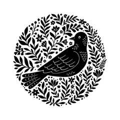 Fototapeta premium Floral Bird Folk Art Logo Design. Organic Linocut Print with Bird and Leaves. Vector Illustration Isolated on Background. Lino Print of Round Composition Floral Silhouette. Hand Drawn Minimalist Stamp