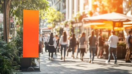 A colorful banner on the sidewalk invites passersby near a cafe