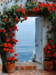 a door opens out to the sea with red flowers