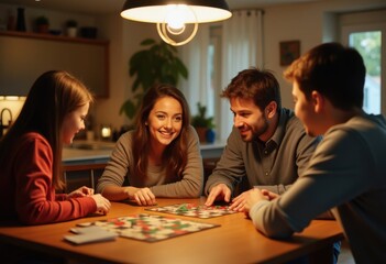 Fototapeta premium Family of four playing board games around the dining table