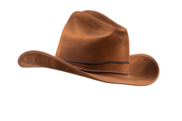 Rodeo horse rider, wild west culture, Americana and american country music concept theme with a brown leather cowboy hat isolated on white background with clip path cut out