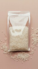 A rice bag mockup showcases a transparent window with uncooked rice scattered around