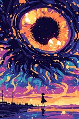 A mysterious and eerie scene unfolds, dominated by a giant, all-seeing eye peering out from a tangled mass of dark, organic forms. A lone figure, shrouded in shadow, walks towards the eye, seemingly d