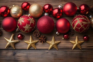 Festive Christmas Decor with Red and Gold Ornaments on Wooden Background for Holiday Design