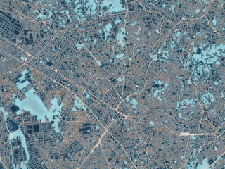 Painterly Style City Map of Machida, Japan in a Blue Color Scheme.