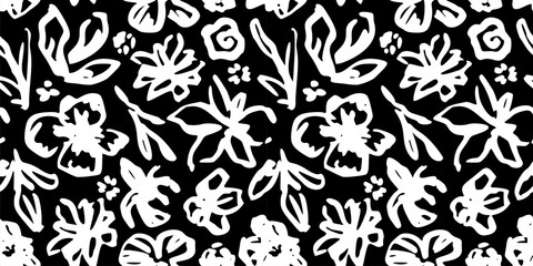 Ink Brush Black Flower Pattern. Abstract Paint Floral Illustration. Pictorial Bold Botanical Summer Background. Wild Cute Flower Wallpaper. Vector Vintage Floral Print. Daisy, Chamomile Silhouette