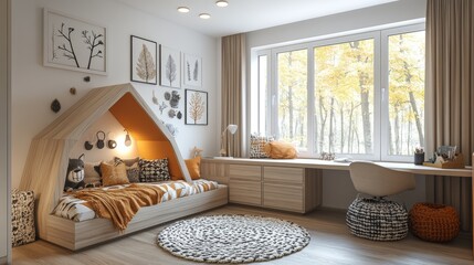 A cozy and modern children's bedroom with a built-in bed, desk, and a large window overlooking a forest.