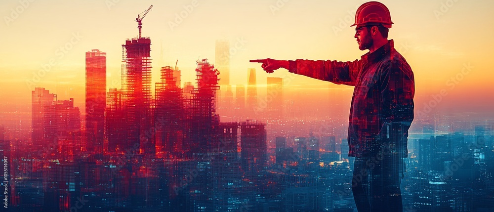 Wall mural a construction worker oversees a city skyline at sunset, emphasizing urban development.