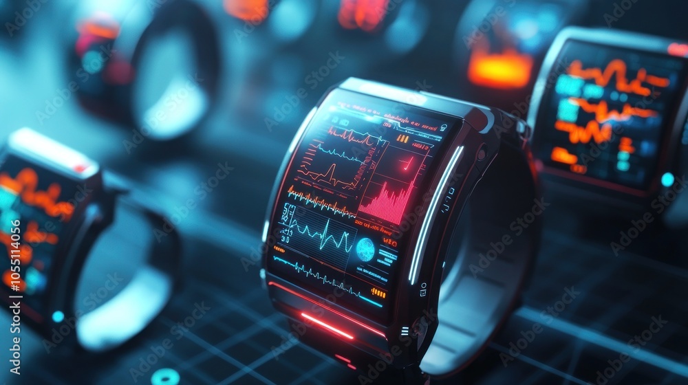 Poster futuristic smartwatches displaying health metrics and data analytics.