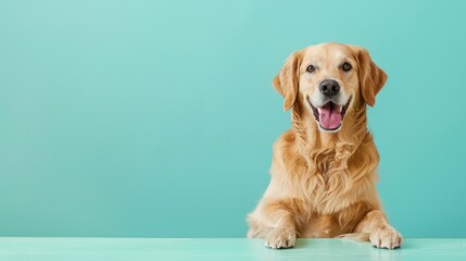 Golden Retriever Sitting on Table with a Blue Background