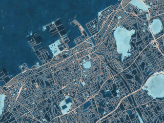 Painterly Style City Map of Marugame, Japan in a Blue Color Scheme.