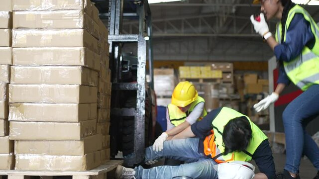 Blue collar worker has accident at warehouse. Accident and industrial.