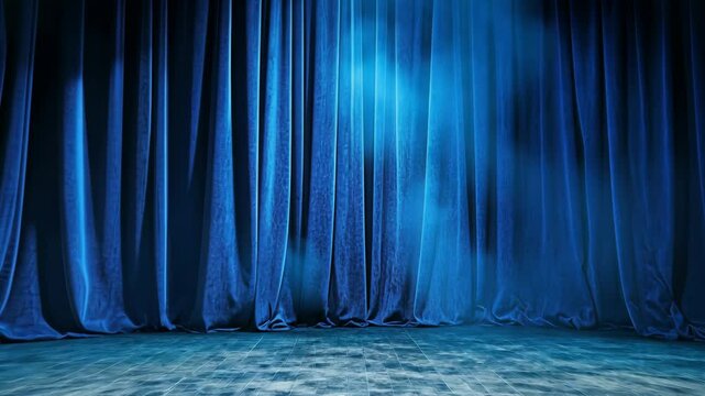 A blue stage curtain is pulled back, revealing a dark wooden floor