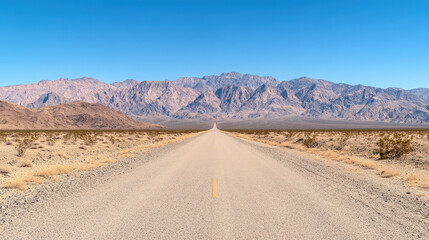 Fototapeta premium Winding asphalt road cuts through the heart of the Nevada desert, offering a scenic drive to the majestic mountains