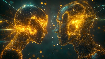 Futuristic golden figures glowing with intellectual power, exchanging radiant thoughts, electric arcs of energy connecting them in a neon cyber setting