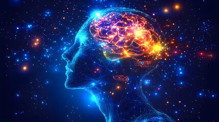 Futuristic human profile in silhouette, brain circuits glowing with data streams, abstract connections reflecting the fusion of mind and technology