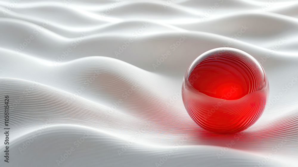 Poster 3d render of a glossy red sphere on a wavy abstract background. minimalistic concept