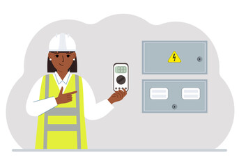 A female electrical engineer holds a digital multimeter in his hand and stands next to an electrical cabinet. Vector flat illustration