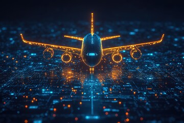 Digital airplane taking off from a futuristic city.