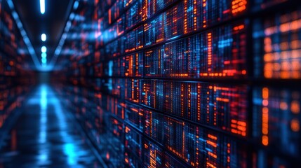A futuristic data center with illuminated server racks.