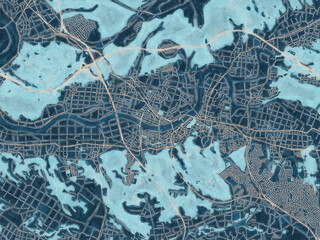 Painterly Style City Map of Miki, Japan in a Blue Color Scheme.