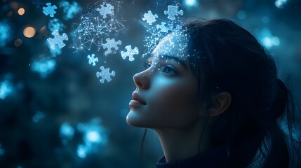 Futuristic woman portrait, glowing puzzle pieces hovering near her head, representing brain connections, 3D render, soft neon lighting, AI-inspired, deep blue background