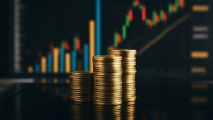 Stacks of coins against a blurred stock market chart background.