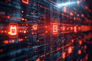 Naklejka premium Digital data stream with red glowing icons on a black background.