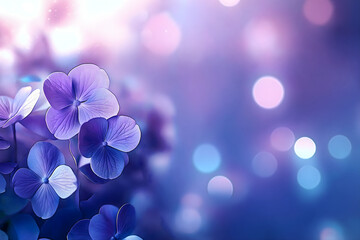 A soft purple background with delicate blue and pink lights, featuring a close-up of flowers in the...