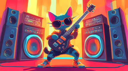 Cool cat in sunglasses plays electric guitar on stage with loudspeakers.