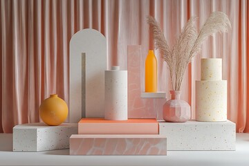 Obraz premium Pink background for product presentation with concrete podiums of geometric shapes. Empty podiums. Mockup.