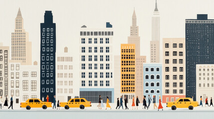 A bustling New York City street scene, with yellow taxis