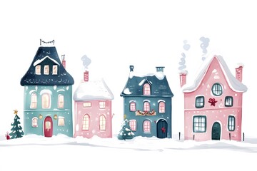 Naklejka premium Watercolor hand draw Christmas illustration with house, tree and snow, isolated on white background. 