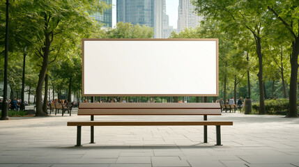 Billboard-free city park with a bench in the foreground and people relaxing on benches in the background
