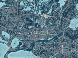 Painterly Style City Map of Minokamo, Japan in a Blue Color Scheme.