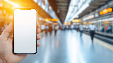 Hand holding a smartphone with a blank white screen in a subway or train station, perfect for mockups