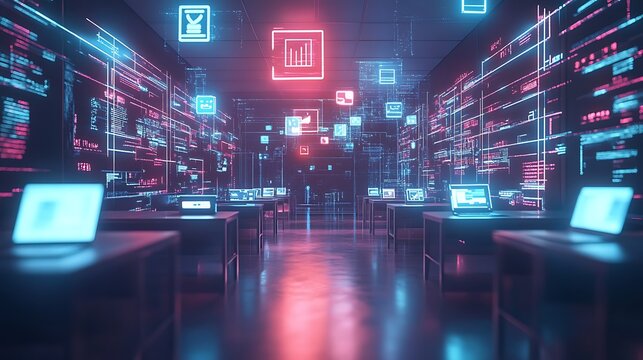 Futuristic online classroom scene with laptop and floating virtual icons for internet technology education