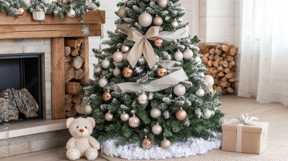 Poster a large christmas tree with a teddy bear on the floor in front of it