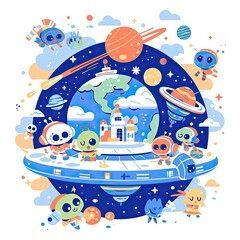 This whimsical and colorful illustration depicts a fantastical, futuristic world. A spherical planet is adorned with various structures, vehicles, and creatures, all rendered in a playful and cartooni