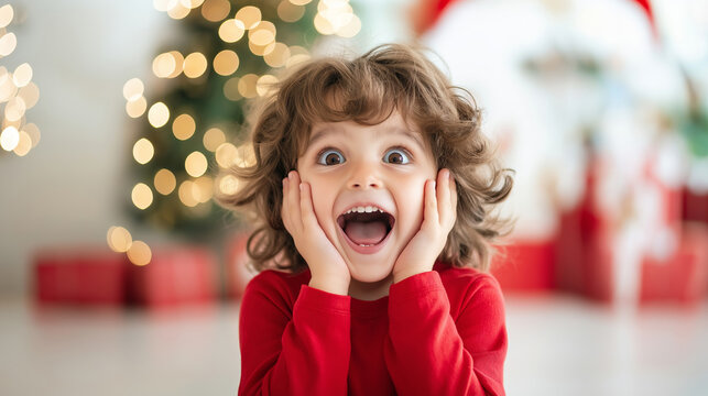 Child ecstatically holding cheeks, shouting with delight in front of christmas tree and gifts