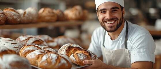 A smiling baker holds a tray of freshly baked bread in a warm bakery setting.