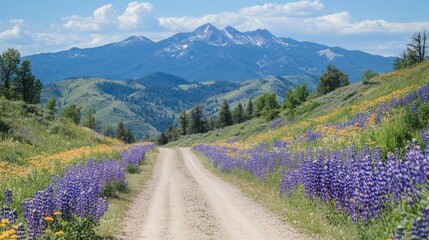 A dirt road winds through a field of wildflowers, with a mountain range in the background.