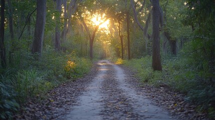 Fototapeta premium A dirt path winds through a lush forest, sunlight streaming through the trees creating a radiant glow.