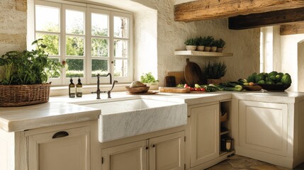 A farmhouse kitchen with a large white marble sink, wooden cabinets, and a window overlooking a garden.